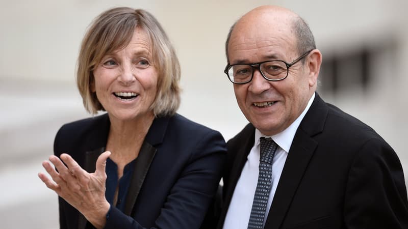 La ministre chargée des Affaires européennes Marienne de Sarnez arrive au Conseil des ministres avec le ministre de l'Europe et des Affaires étrangères Jean-Yves Le Drian, le 18 mai 2017 à l'Elysée à Paris.