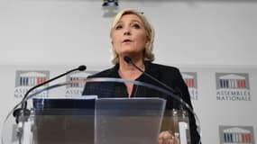 La présidente du Rassemblement National Marine Le Pen lors d'une conférence de presse à l'Assemblée nationale le 23 mai 2018