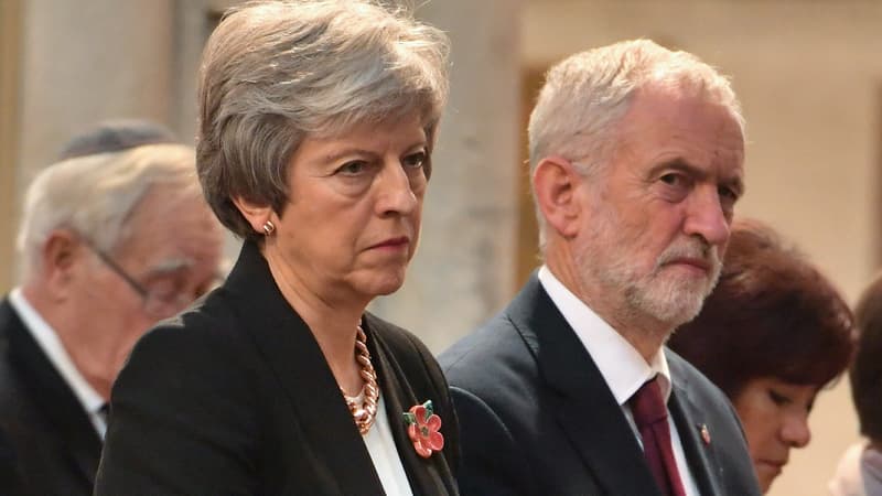 La première ministre britannique Theresa May et le leader du parti travailliste Jeremy Corbyn le 6 novembre 2018.