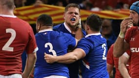 La joie du 2e ligne du XV de France, Paul Willemse, après son essai marqué contre le pays de Galles, lors du Tournoi des Six nations, le 22 février 2020 au Principality Stadium à Cardiff