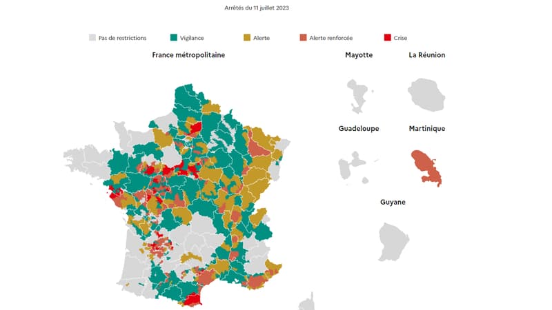 La carte diffusée sur le site vigieau.gouv.fr, le mardi 11 juillet 2023.