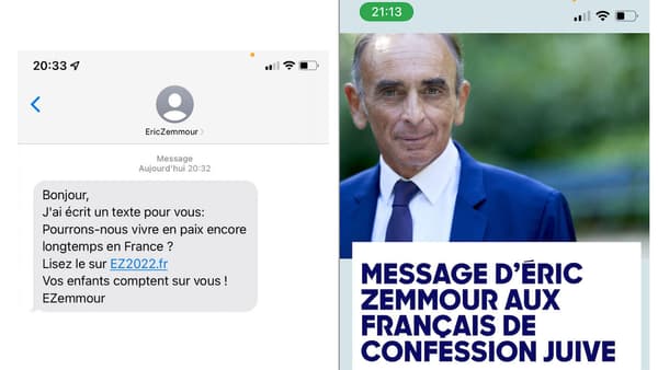 Le SMS redirigeant vers la déclaration d'Eric Zemmour destinée à la communauté juive, hébergée sur le site ez2022.fr