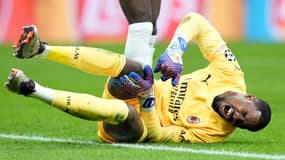 Mike Maignan blessé lors du match AC Milan-Liverpool (1-3), le 17 septembre 2024