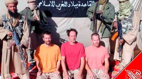 Trois des cinq otages d'Aqmi au Mali. Al Qaïda au Maghreb islamique (Aqmi) a diffusé mardi sur un site internet islamiste les photos de cinq otages européens, dont deux Français, enlevés au Mali en novembre. /Photo diffusée le 13 décembre 2011/REUTERS/Age