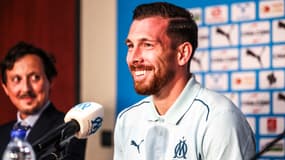 Pierre-Emile Hojbjerg lors de sa conférence de presse de présentation à l'OM, 12/08/2024
