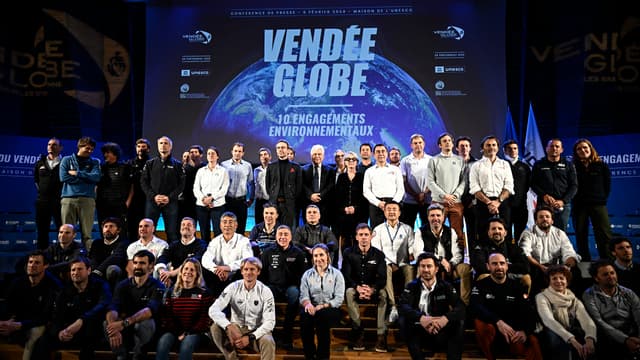 Des skippers lors d'une conférence de presse du Vendée Globe, à Paris le 6 février 2024