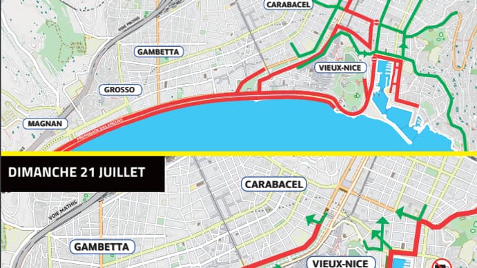 Les restrictions de circulation à Nice pour le passage du tour de France, les 20 et 21 juillet. Les restrictions de circulation à Nice pour le passage du tour de France, les 20 et 21 juillet.