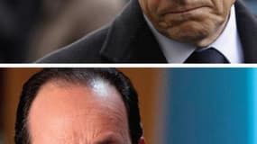 Nicolas Sarkozy conforte sa légère avance (+0,5 point à 28,5%) sur François Hollande (-0,5 point à 27%) dans les intentions de vote pour le premier tour de l'élection présidentielle en France, selon le sondage quotidien Ifop-Fiducial pour Paris Match. /Ph