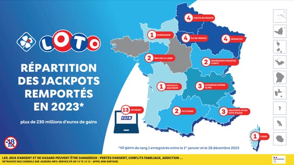 Carte des jackpots au loto, région par région, en France, sur l'année 2023.
