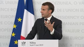 Le président français Emmanuel Macron lors d'un sommet européen à Sibiu, Roumanie, le jeudi 9 mai 2019