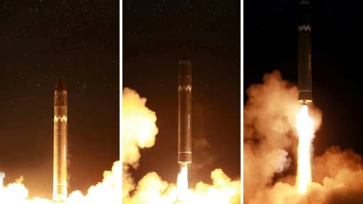 Image officielle, diffusée par l'agence nord-coréenne KCNA, du lancement d'un missile Hwasong-15 le 29 novembre 2017.