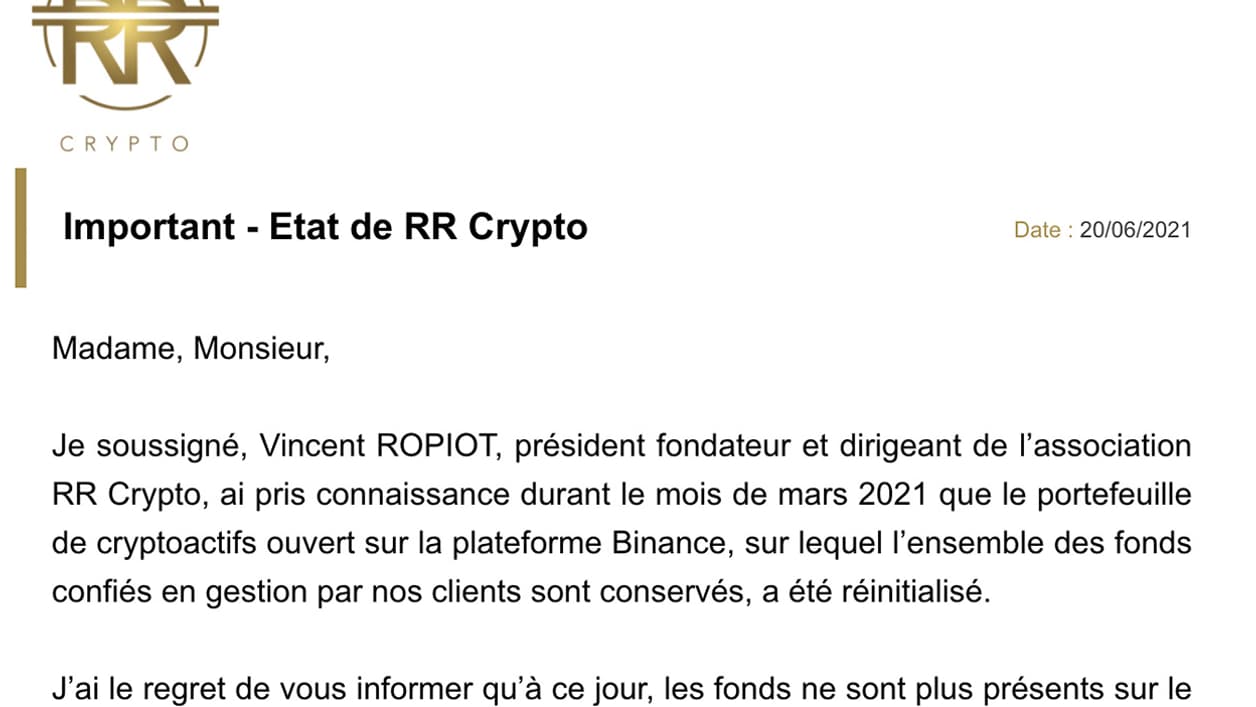 Introduction du mail envoyé par Vincent Ropiot aux investisseurs de RR Crypto