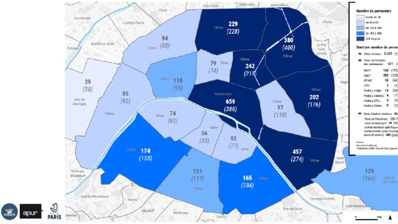 Répartition du nombre de personnes sans abri rencontrées dans les arrondissements parisiens pendant la Nuit de la Solidarité 2024 Répartition du nombre de personnes sans abri rencontrées dans les arrondissements parisiens pendant la Nuit de la Solidarité 2024