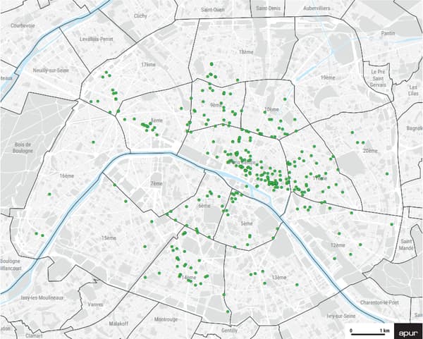 Chaque point vert représente un local avec une "façade de feuillage et fleurs en matière synthétique" en avril 2023.