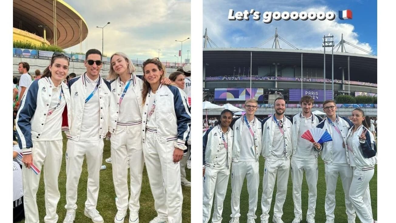 Les triathlètes et les pongistes français au Stade de France au début de la cérémonie de clôture des JO de Paris. Les triathlètes et les pongistes français au Stade de France au début de la cérémonie de clôture des JO de Paris.