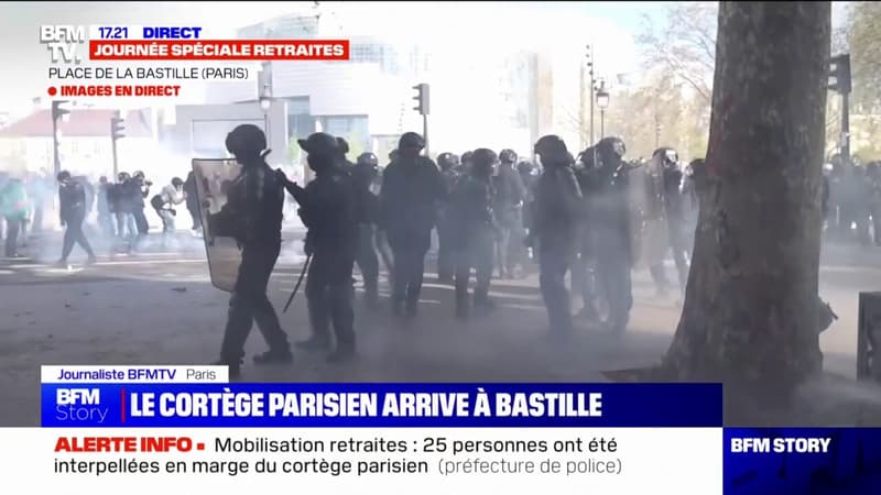 Retraites: après quelques tensions, le cortège parisien arrive place de la Bastille