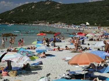Des vacanciers sur la plage corse de Mare e Sol à Pietrosella, le 12 août 2023 