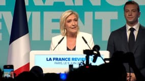 Marine Le Pen réagit aux résultats des élections européennes et à l'annonce de la dissolution de l'Assemblée nationale, le 9 juin 2024.