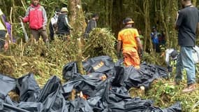 Les secouristes tentent de rassembler les corps le 18 août 2015 dans la région d'Ogbape (est de l'Indonésie) des victimes du crash de l'ATR 42 de la compagnie Trigana