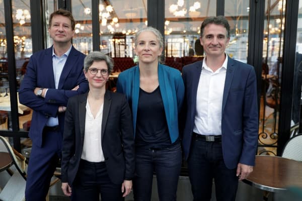 Quatre candidats aux primaires du partie écologique EELV: Yannick Jadot, Sandrine Rousseau, Delphine Batho et Eric Piolle, le 12 juillet 2021 à Paris