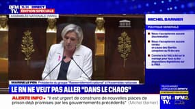 "Qu'allez-vous faire de sérieux?", demande Marine Le Pen, qui regrette "le peu de solutions proposées" par Michel Barnier