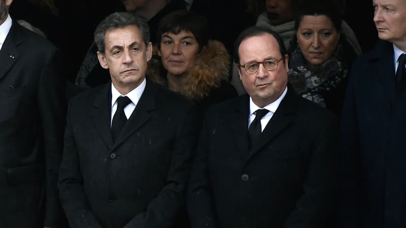 Nicolas Sarkozy et François Hollande aux Invalides lors de la cérémonie d'hommage à Arnaud Beltrame, en mars 2018.