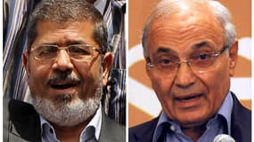 Mohamed Morsi (à gauche), le candidat des Frères musulmans à la présidentielle égyptienne et Ahmed Chafik, dernier chef de gouvernement de l'ex-président Hosni Moubarak. Les Egyptiens devraient connaître dimanche le nom de leur nouveau président, le premi