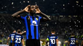 Marcus Thuram célèbre son but lors de la victoire de l'Inter Milan contre Benfica (1-0, 2e journée de Ligue des champions), le 3 octobre 2023
