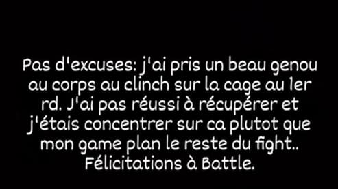 Le message de Kevin Jousset en story Instagram après sa défaite à l'UFC Paris face à Bryan Battle Le message de Kevin Jousset en story Instagram après sa défaite à l'UFC Paris face à Bryan Battle