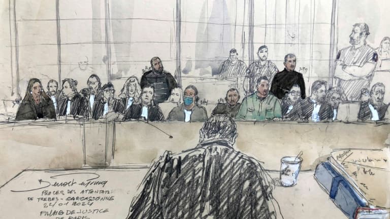 Croquis d'audience du procès des attentats de Trèbes et Carcassonne, à Paris, le 22 janvier 2024, montrant notamment les accusés Marine Pequignot (c), puis du centre vers la droite : Ahmed Arfaoui, Sofiane Boudebouzza, Sofiane Manaa, Redael Yaakoubi et Samir Manaa