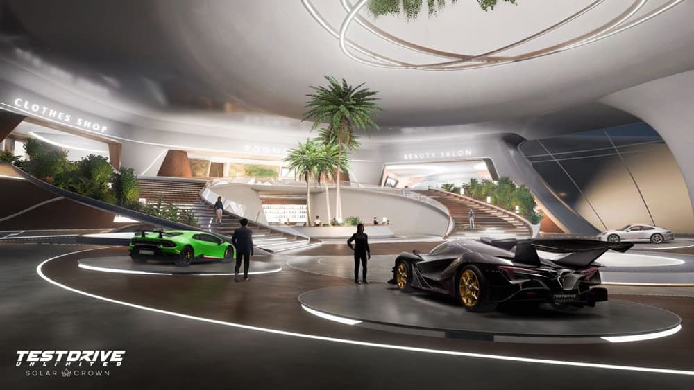 Dans Test Drive Unlimited : Solar Crown, le hub Solar Hotel affiche les véhicules des meilleurs pilotes