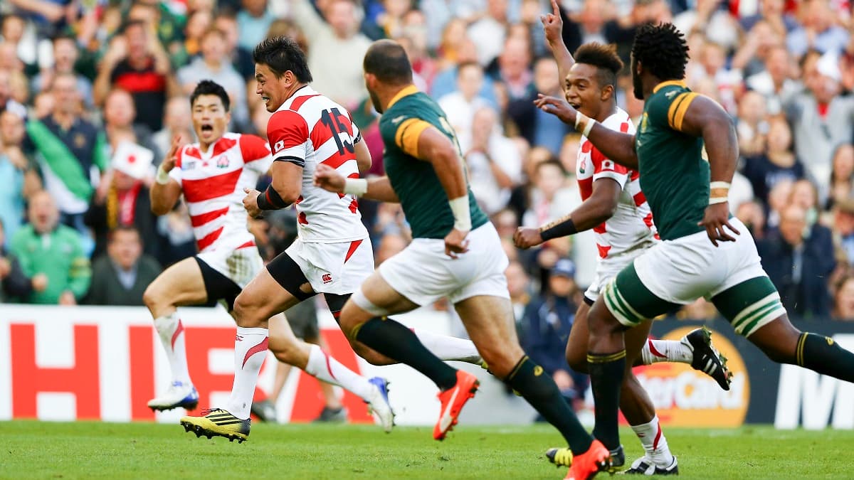 Les Japonais lors de leur victoire sur les Springboks lors de l'édition 2015 de la Coupe du monde Les Japonais lors de leur victoire sur les Springboks lors de l'édition 2015 de la Coupe du monde