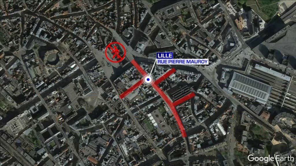 Les rues surlignées en rouge sont fermées jusqu'à nouvel ordre dans le centre-ville de Lille après l'effondrement de deux immeubles. Les rues surlignées en rouge sont fermées jusqu'à nouvel ordre dans le centre-ville de Lille après l'effondrement de deux immeubles.