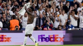 Vinicius célèbre son triplé face à Dortmund, le 22 octobre 2024