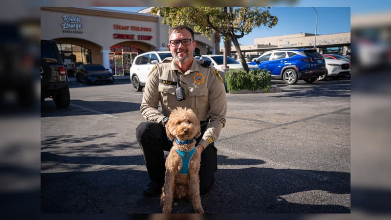 Jet Blue, chien devenu viral après avoir été abandonné à l'aéroport de Las Vegas, a été adopté par l'un des policiers intervenus