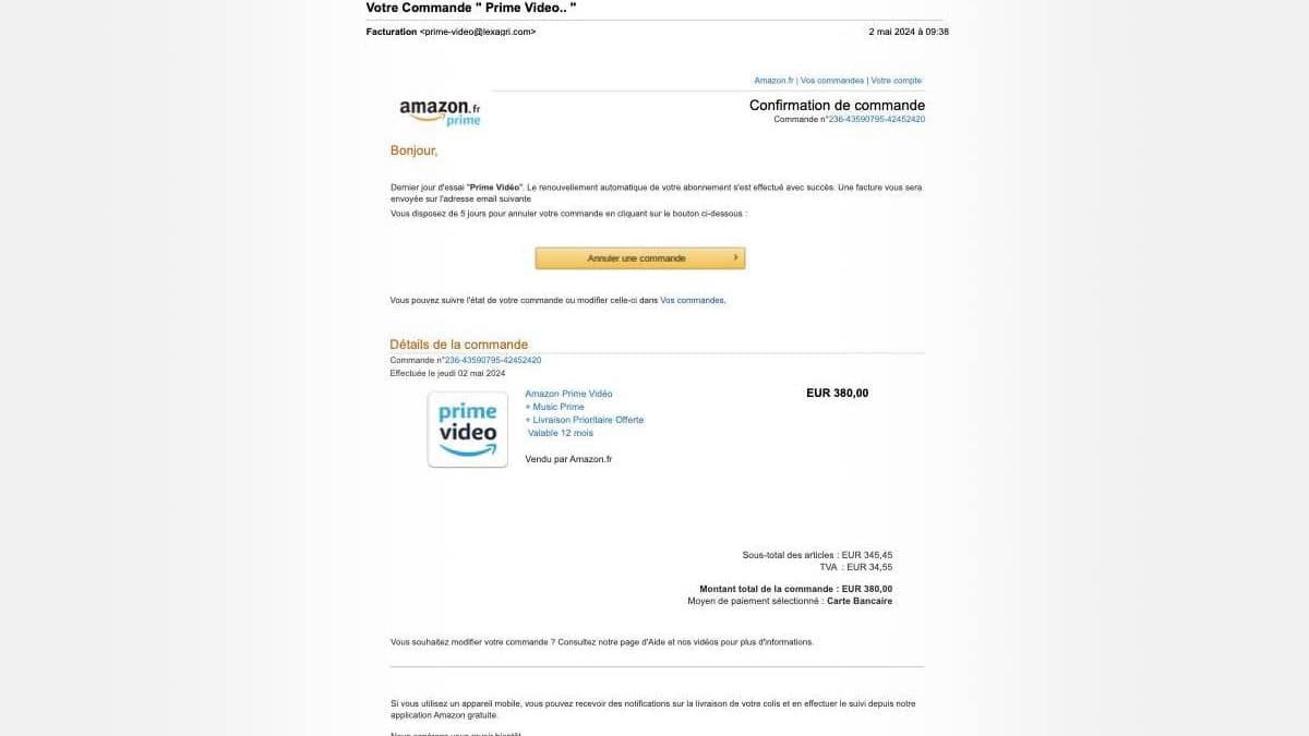 Une nouvelle arnaque Amazon Prime par mail.