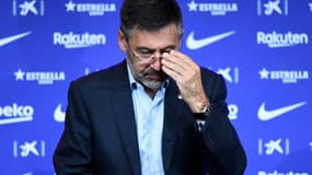 L'ancien président du FC Barcelone Josep Maria Bartomeu lors de la présentation officielle de Ronald Koeman au poste d'entraîneur du club le 19 août 2020 au Camp Nou 