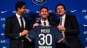 Nasser Al-Khelaïfi, Lionel Messi et Leonardo, à Paris le 11 août 2021