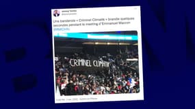 Une banderole "Criminel climatik" a été déployée ce samedi après-midi lors du premier meeting d'Emmanuel Macron.