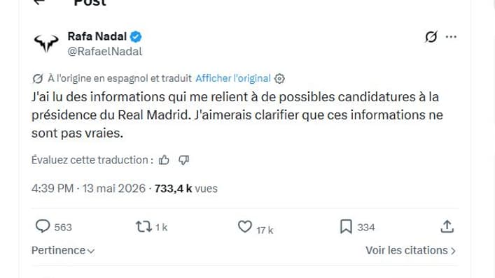 Nadal dément une possible candidature à la presidence du Real Madrid Nadal dément une possible candidature à la presidence du Real Madrid