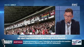 Le patron de la FFF ne veut pas stopper les matchs en cas de chants homophobes, a-t-il raison? Ca fait débat sur RMC