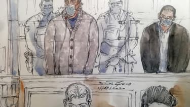 Croquis d'audience de Sid-Ahmed Ghlam, accusé d'avoir projeté un attentat contre une église en avril 2015 à Villejuif, lors de son procès à Paris, le 5 octobre 2020