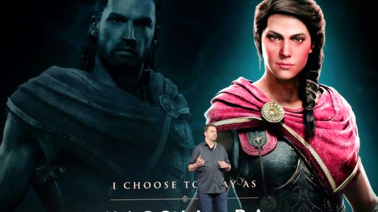 Jonathan Dumont, directeur artistique de "Assassin's Creed Odyssey", devant une affiche de ce jeu, lors de la conférence Ubisoft à Electronic Expo à Los Angeles le 11 juin 2018 Jonathan Dumont, directeur artistique de "Assassin's Creed Odyssey", devant une affiche de ce jeu, lors de la conférence Ubisoft à Electronic Expo à Los Angeles le 11 juin 2018