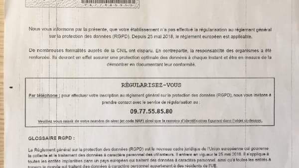 Un fax non signé invitant à une mise en conformité avec le RGPD. 