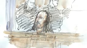 Croquis d'audience du 20 avril 2017 qui montre Jeremy Bailly dans le box, considéré comme le bras droit du chef de la filière Cannes-Torcy
