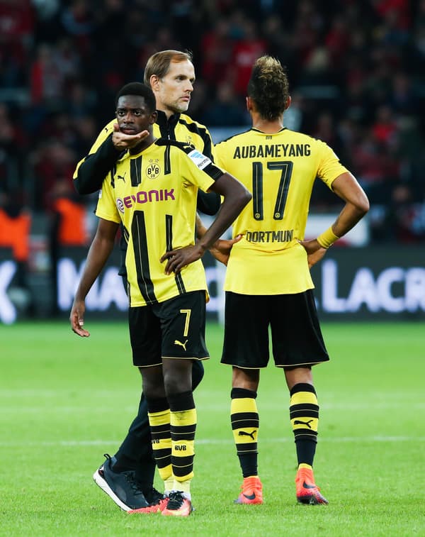 Ousmane Dembélé avec Thomas Tuchel et Pierre-Emerick Aubameyang au Borussia Dortmund, le 1er octobre 2016