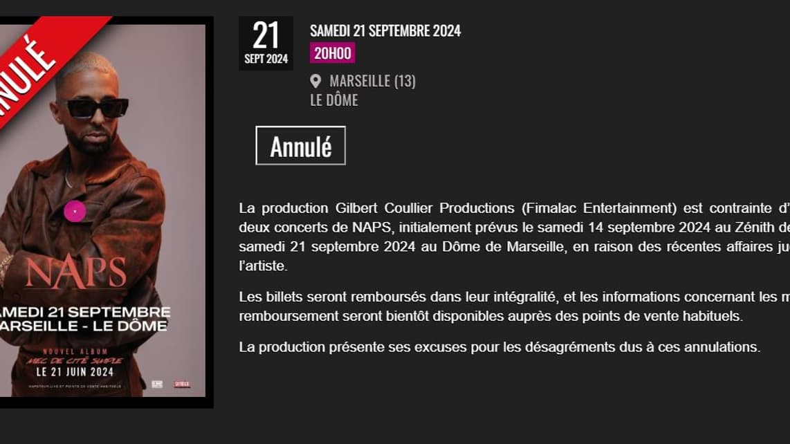 Le concert de Naps à Marseille, le 21 septembre 2024 est annulé. Le concert de Naps à Marseille, le 21 septembre 2024 est annulé.