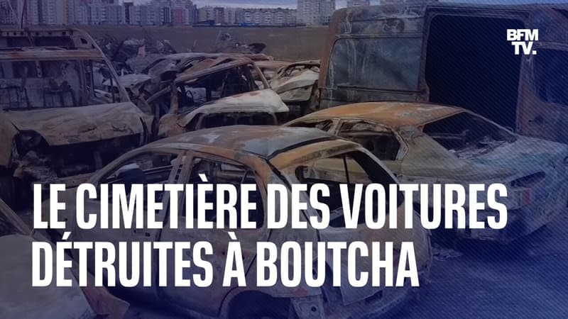 Guerre en Ukraine: les images d'un terrain vague devenu cimetière pour les voitures détruites à Boutcha