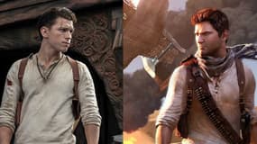 Tom Holland (à gauche) en Nathan Drake (à droite)