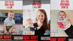 Cette combinaison d'images créée le 20 février 2025 montre des affiches portant les portraits des otages israéliens Shiri Bibas (au centre) et de ses deux enfants Ariel (à gauche) et Kfir (à droite), détenus dans la bande de Gaza depuis le 7 octobre 2023.